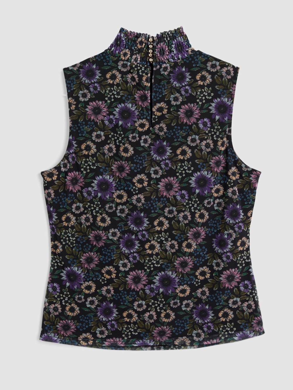 Sleeveless Mock-Neck Floral Cropped Jeans Top - Purple - Picture 7 of 10